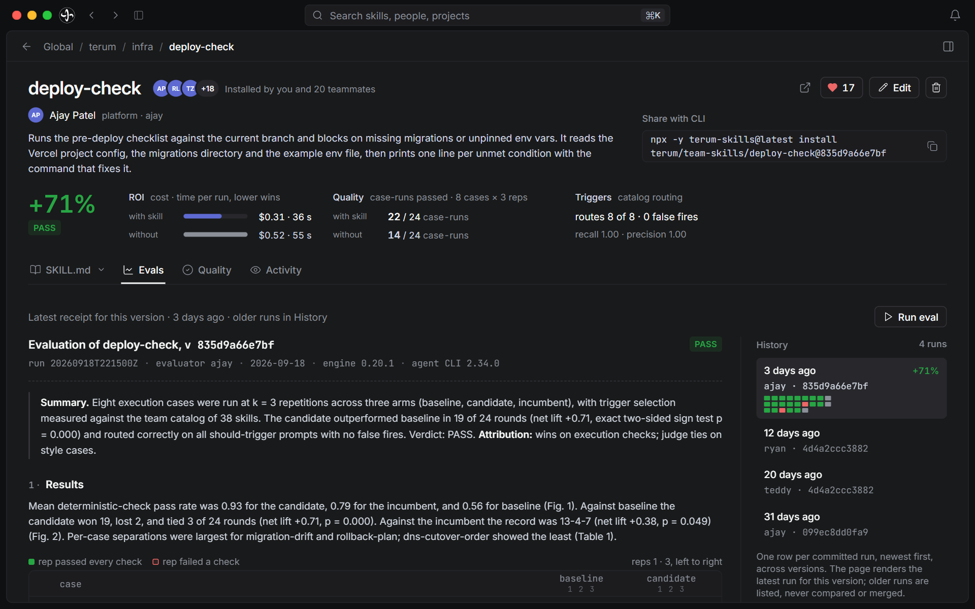 A skill’s Evals tab: the receipt for this version on the left, and earlier runs in History beside it.