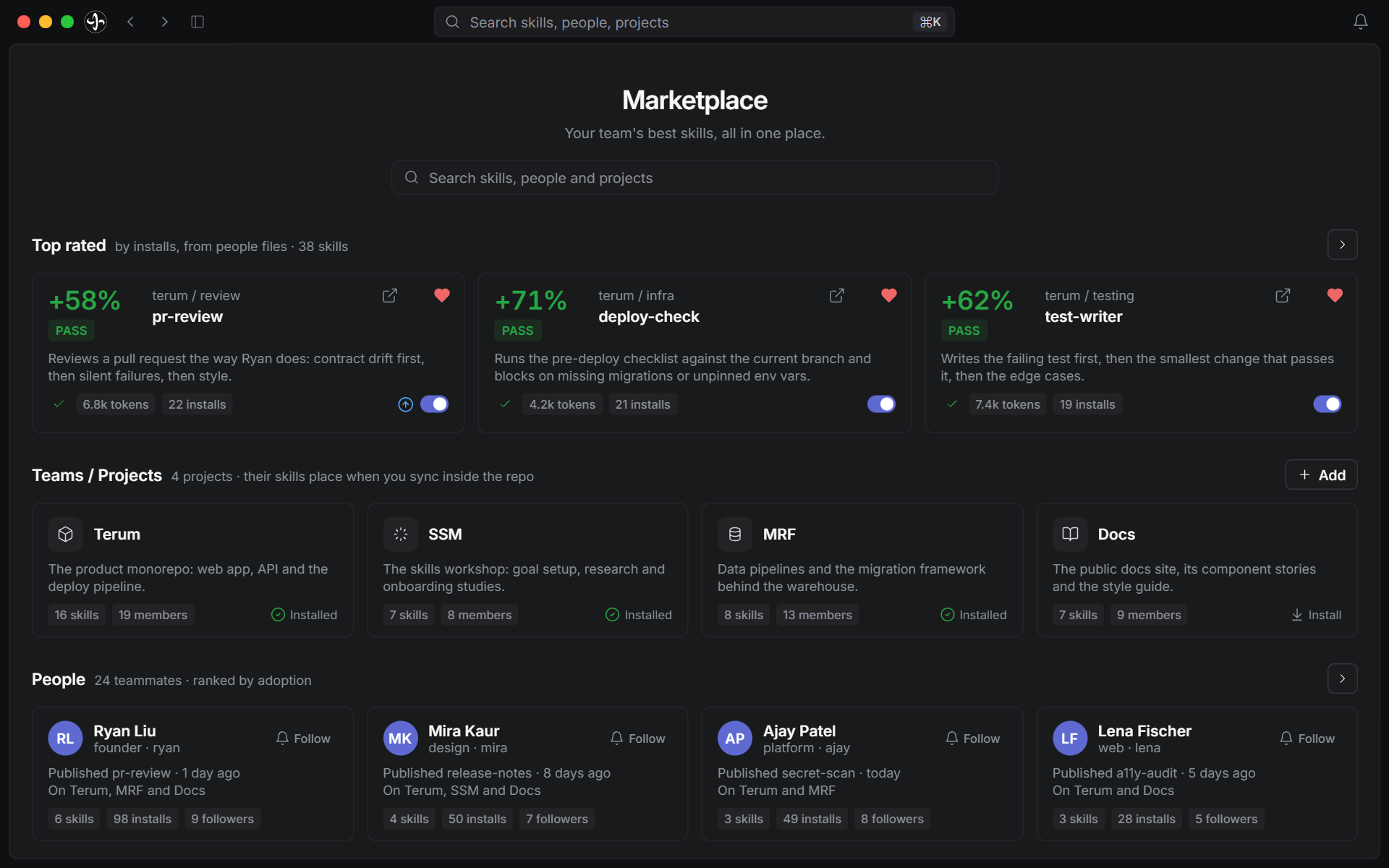 The Marketplace home board: skills ranked by installs, then the team’s projects and its people.